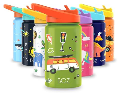 BOZ Botella Agua Niños con Pajita - Botella Agua Acero Inoxidable 414 ml, Botella Térmica Aislamiento Doble Pared Sin BPA, Botella Isotérmica Antiderrame con Asa Apta para el Lavavajillas (Coches)