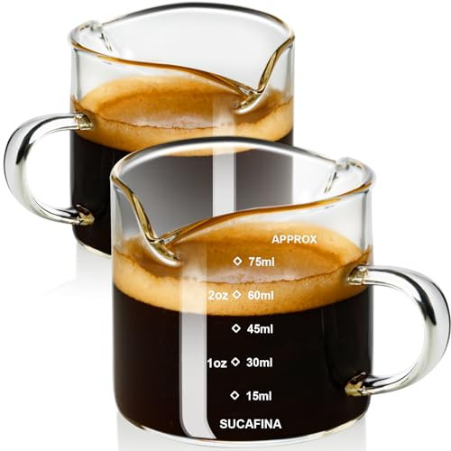 PARACITY Espressotasse mit Henkel 2er Set, Doppelauslauf Glas Messbecher mit Doppelskala, Espresso Schnapsglas mit V-förmigem Mund, Klarglas Milchaufschäumkännchen, Espresso Zubehör