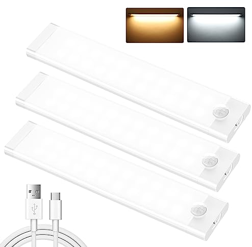 shirylzee Unterbauleuchte Küche LED, 3 Stück 44 LEDs Schrankbeleuchtung 2000mAh Akku USB-C Wiederaufladbares bewegungsmelder licht mit Magnetische Lichtleiste for Kleiderschrank, Küche, Treppe