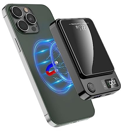 Wireless Portable Charger, Magnetic 10000mAh Power Bank 15W Fast Wireless Charging 22.5W USB PD QC3.0 Type-C LED Display Mini Battery Pack Compatible for iPhone 14/15/13/12 Series (Black)