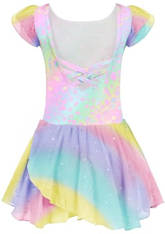Arshiner Ballettkleid Mädchen Baumwolle Ballettkleidung Regenbogen Kurzarm Ballettanzug Kinder Balletttrikot Tanzkleid Ballerina Kleid Tanzbody mit Rock Tütü 3-4 Jahre