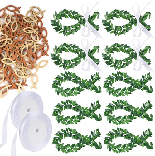 114PCS Kommunion Dekoration Set Fisch Taufe Deko aus Rattan + Holz Fische Streudeko + Weiß Band für Mädchen Jungen Kommunion Konfirmation Taufe Deko