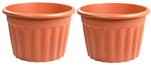 (Set of 2) - 60cm Round Terracotta Plastic Planter Flower Herb Pot 69l Compost Capacity Approx. Extra Large Floor Plant Pot Ideal for Indoor/outdoor Use Weather Resistant Garden Plant Pot MADE IN UK