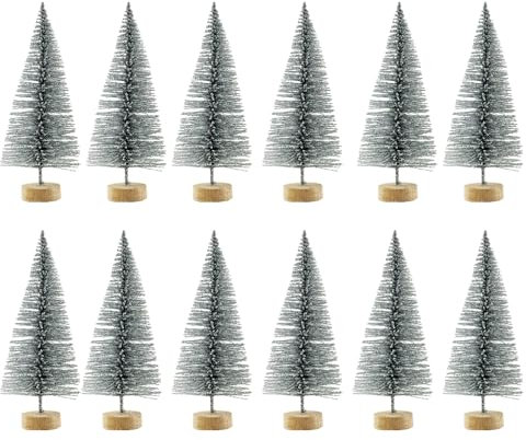 12 Pieces Mini Christmas Trees Snow Frost Trees Bottle Brush Trees Plastic Winter Snow Ornaments Tabletop Trees for Xmas Party Diorama Models Glitter Small Trees, Silver 8.5cm