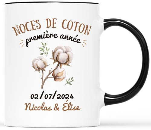 CADEAU PLUS Mug Personnalisé Prénom - Noces De Coton - Cadeau de Mariage pour Couple, 1 An de Mariage, Tasse Personnalisable