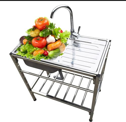 Freistehendes Spülbecken aus Edelstahl, Spülbecken, Küchenspüle mit Werkbank und Lagerregalen mit Abtropffläche und Wasserhahn für Außengarage, Gewerbe, Restaurant, Küche, Waschküche, heiß u
