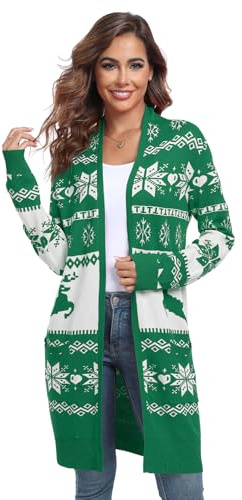 PCEAIIH Women's Christmas Casual Lapel Long Cardigan Lightweight Cable Knit Reindeer Printed Tops for Winter Xmas Green