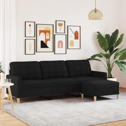 Willood 3-Sitzer-Sofa mit Hocker Schwarz 210 cm Stoff,Couch mit Fußhocker Metallgestell, Polstersofa Stoffsofa für Wohnzimmer, Loungesofa Sitzmöbel, Modern
