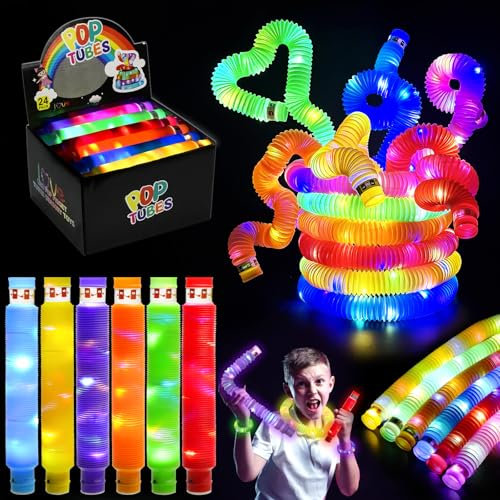 24 Stück Knicklicht Pop Tubes, LED Pop Tubes Fidget Toys Party Supplies Leuchtstäbe Knicklichter Armbänder Party Deko Set Bunt Sensorik Spielzeug Pop Röhren Mitgebsel Kindergeburtstag für Kinder