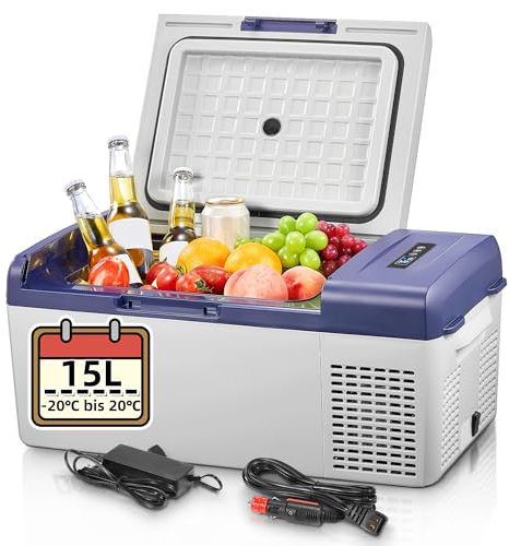 Kompressor Kühlbox, 15L Auto Mini Kühlschrank und Gefrierschrank,Tragbarer Mini Kühlschrank (-20℃~20℃) mit 12/24V DC & 220-240V AC für Auto, RV, LKW, Van, Boot für Camping, Reisen, Angeln, Grau