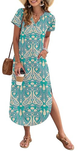 AUSELILY Women's Summer Casual Maxi Dress Short Sleeves V Neck Loose Sundress Split Long Beach Shirt Dress Vacation Boho Floral Green L