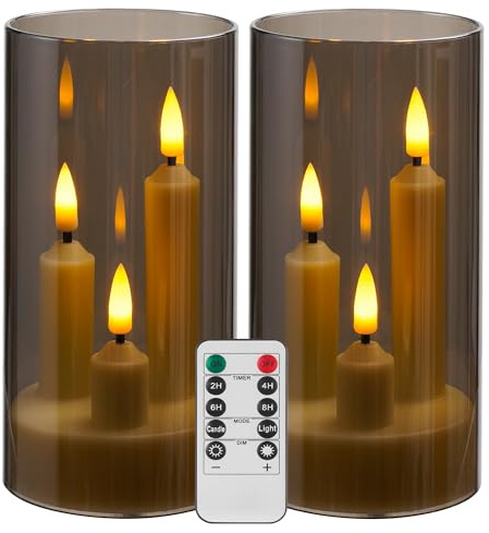 Da by Flammenlose Kerze, batteriebetriebene Kerze mit Fernbedienung und Timer, LED Dreidocht-Stumpenkerze, romantische Hochzeit, perfekte Wohnkultur, 2 Pack (Grau)