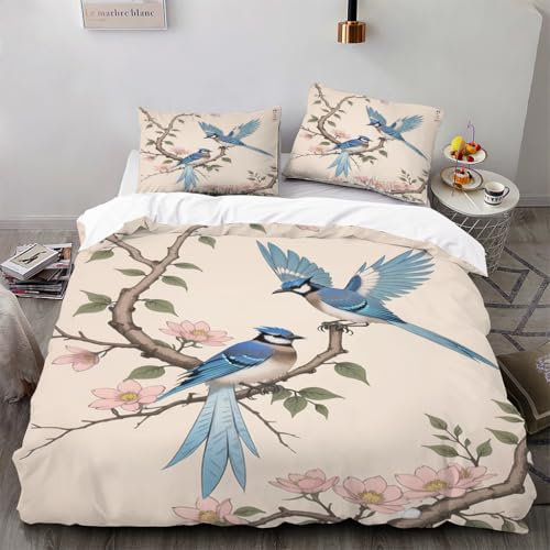 Zbeiba Bettwäsche 135x200 3D Blauhäher auf einem AST Muster Weich Atmungsaktiv Mikrofaser Bettzeug Sets Mit Reißverschluss + 2 Kissenbezüge (135x200+2 * 80x80,#6