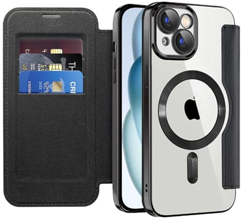 IMEIKONST Flip Wallet Case for iPhone 15 Cover, Black JDCX | RFID Blocking Card Holder, Camera Lens Protection, Magnetic Transparent TPU Back, Compatible with MagSafe, PU Leather