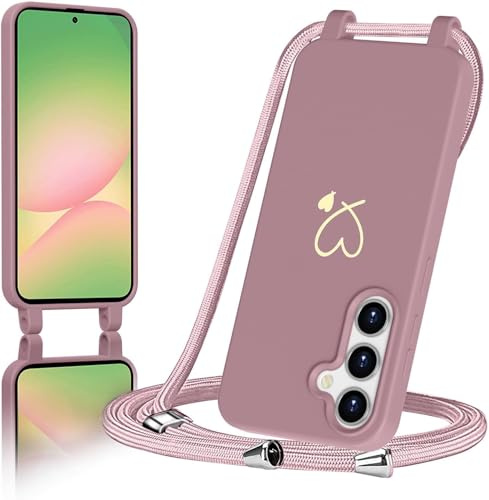 AoozeFon Handyband für Samsung Galaxy A56 5G Hülle mit Band, Handyhülle Silikon mit Goldenem Herzmuster für Samsung A56, Abnehmbare Stoßdämpfend Handytasche mit Nylon-Lanyard，Rosa