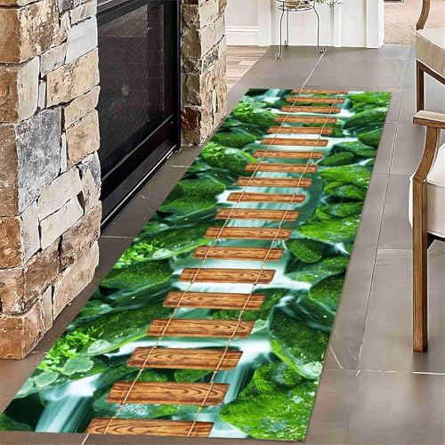 Optischer Täuschung Läufer Teppich, 60x180cm 3D Landschaftsmotiv Brücke, Grüner Moosfluss, Naturlandschaft, Eingangsbereich, Waschbarer Flurteppich, Kurzfloriger, Rutschfester Läufer für Küche