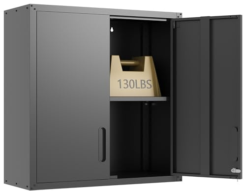 IKIMI Wandhängeschrank, schwarzer Metall-Werkzeugschrank mit abschließbaren Türen und verstellbarem Regal, platzsparender Hängeschrank, Stabiler Garagenschrank aus Stahl für Werkstatt, Garage,Keller