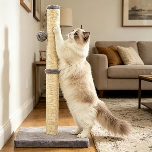 Columna rascadora para gatos, 22 x 14 x 42 cm, pequeño árbol rascador con cuerda de sisal, rascador pequeño, tronco rascador con bola de juego colgante, base estable de alta calidad, cuerda de sisal