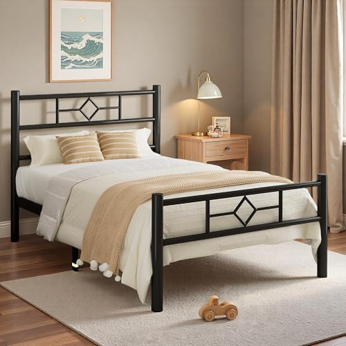 Feonase Single Bed Frame 3ft with Headboard & Footboard, Single Metal Bed Frame with Heavy Duty Metal Slat Support, Ample Under-bed Storage, Easy Assembly, Black
