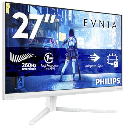 Philips Evnia Gaming 27M2N5201P 27 Zoll FHD Monitor, 260Hz, Fast IPS Panel, 1ms GtG, Adaptive Sync, HDR10, G-Sync Compatible, Höhenverstellung,(1920x1080 HDMI 1x 2.0 DP 1x 1.4) Weiß