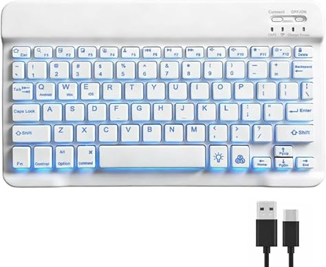 Wireless Bluetooth Keyboard for iPad Tablet 7 Color Backlight Portable Keyboard Rechargeable Ultra Slim for iPad Air/Pro Samsung Tab Compatible Windows/Android/iOS Travel Office UK Layout (White)