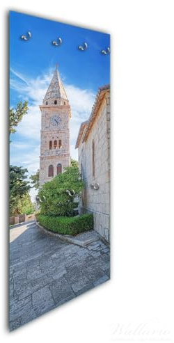 Wallario Wandgarderobe aus Glas in Größe 50 x 125 cm in Premium-Qualität, Motiv: Stille am Kirchturm | 7 Kleiderhaken zum Aufhängen von Jacken