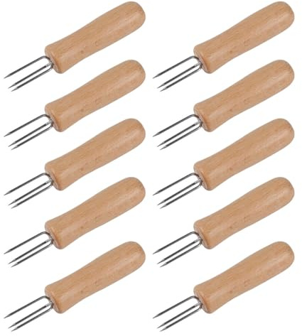 PAMINGONO 10 Stück Edelstahl Grillmaisgabeln mit Holzgriff DREI Zacken Umweltfreundliches Material Bunte Maisspieße für Fingerfood und Obst Zufällige Farbe