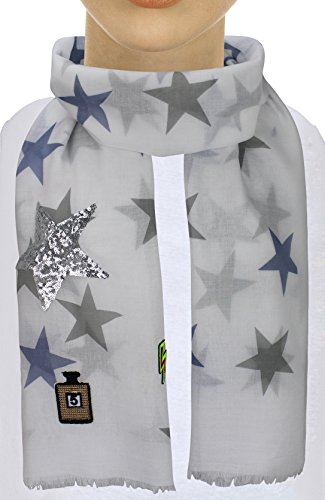 XXL Damen STICKER Stern Schal Tuch Halstuch Fashion Plaid (Weiss/Blau/Grau)