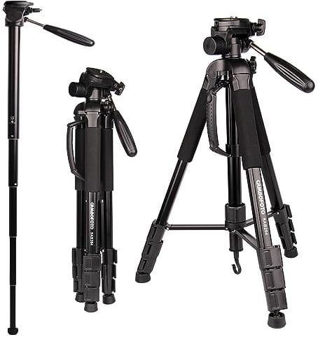 CAMBOFOTO Treppiede per Fotocamera/Monopiede 176.5CM, Treppiede da Viaggio Leggero, Con Testa Panoramica a 3 Vie, Compatibile con Fotocamere Digitali, Videocamere, Carico Max 4 kg