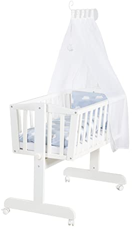 roba Babywiege 40 x 90 cm Kleine Wolke aus Holz - Stubenwagen & Wiege - Bett Set komplett mit Feststellfunktion - Wolken Motiv in Blau - Inkl. Ausstattung - Holz weiß