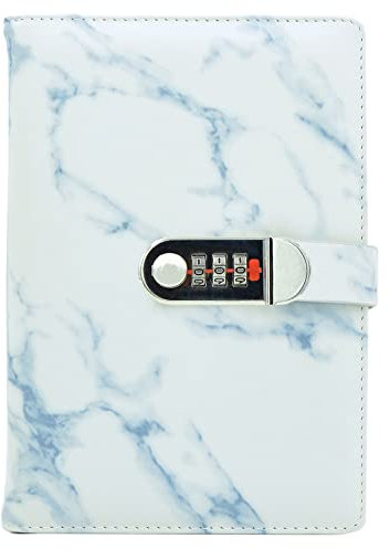 NectaRoy PU Leather Cover Writing Notebook, Lockable Diary Lock Journal, Marble Pattern Wire Binding Lined Daily Travel Journal with Lock, Password Notepad with Pen Holder, Size 218x150mm