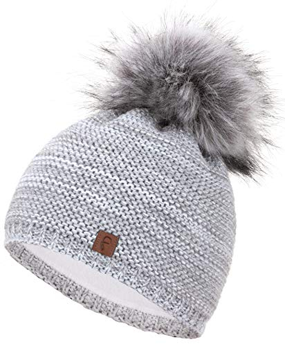 Faera Wintermütze Mütze Damen warm gefüttert Kunstfell Bommel Bommelmütze Fleecefutter Winter Strickmütze Beanie Mütze 31, Farbe:Hellgrau