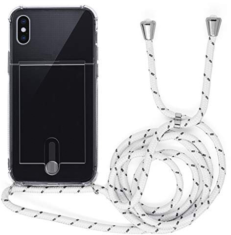 MyGadget Lanyard Case for iPhone X | Xs - Silicone Phone Cover with Crossbody Neck Holder - Cord Strap Carrier Protection in White w| card holder
