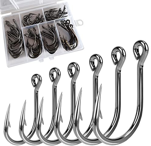 60PCS/Box DERKERL Fishing Hooks, Extra Strong Fish Hooks Stainless Steel Fishing Hooks 6 Sizes: 4/0 5/0 6/0 7/0 8/0 9/0#