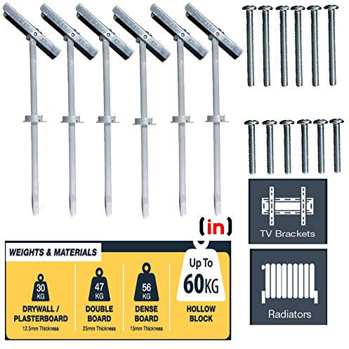 Inbrackets Tv Bracket Plasterboard Fixings Kit suitable for Hollow plasterboard walls (Pack of 6 with Flat Drill bit)