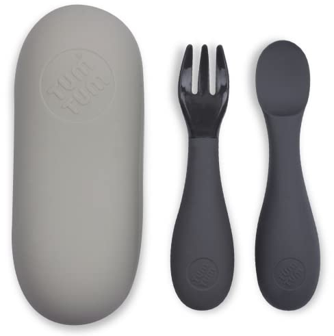 TUM TUM Couverts Enfants Étui, Cuillères Bébé Fourchettes Enfant, Couverts Bébé, 6 m+, Gris