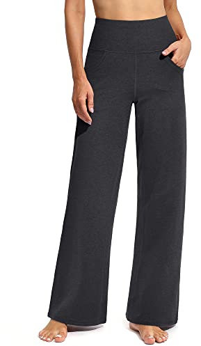 Promover Women's Activewear Trousers Yoga Trousers with Pockets Straight Wide Leg Stretch Tracksuit Bottoms Gym Joggers Causal Lounge Tummy Control Pants Petite/Regular/Tall,Charcoal Heather,M