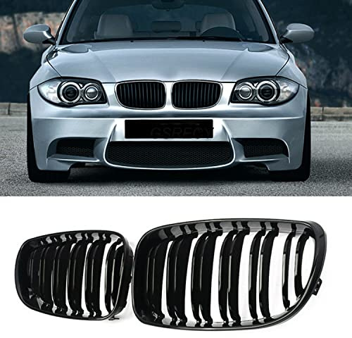 GSRECY Kühlergrill mit zwei Lamellen, für die Frontstoßstange, Nierengrill, kompatibel mit BMW 2007–2013, 1er-Serie, E81, E82, E87, E88, Lci, Schwarz glänzend