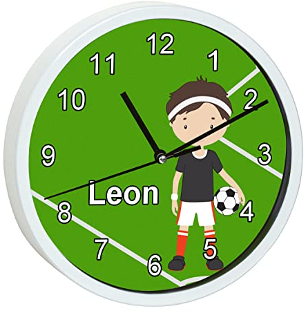 CreaDesign, Wanduhr Kinder personalisiert mit Name, Motiv Fußballspieler, Rahmen Wanduhr weiß, Ø 19,5 cm