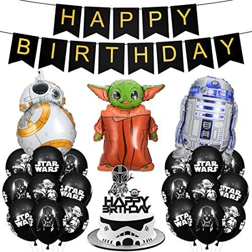 Deko Geburtstag Junge, Star Krieg Geburtstagsdeko, Party Deko Geburtstag, Sterne Wars Luftballon, Folienballon, Happy Birthday Banner, Große Kuchendeko für Partydeko Kindergeburtstag