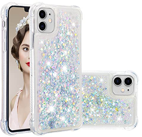 IMEIKONST Compatible with iPhone 11 Glitter Case, Liquid Sparkle Quicksand Clear Transparent Sequin Slim Girls Soft TPU Bumper Silicone Shockproof Cover for iPhone 11. Love Silver YBW