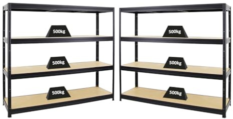 PROREGAL Mega Deal 2er-Sparset Profi-Schwerlastregal Dino HxBxT 180x200x60cm Fachlast 500kg Schwarz, Kellerregal, Steckregal, Garagenregal, Lagerregal