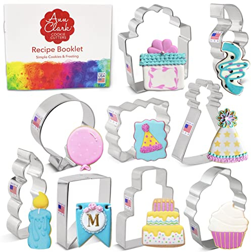 Ann Clark 9-Pc Birthday Cookie Cutter Set (Birthday Hat, Cake, Cupcake, Balloon, Present, Candle, Bunting Banner, Confetti, Plaque) Made in USA