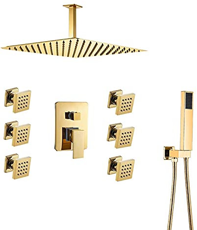 HAPPLiGNLY Sistema de Lluvia para Ducha con Montaje en el Techo, Juego Combinado de Ducha mezcladora de Lluvia Dorada Juego de Grifo de Ducha de baño de Alta presión con Ducha de Mano y 6 roc