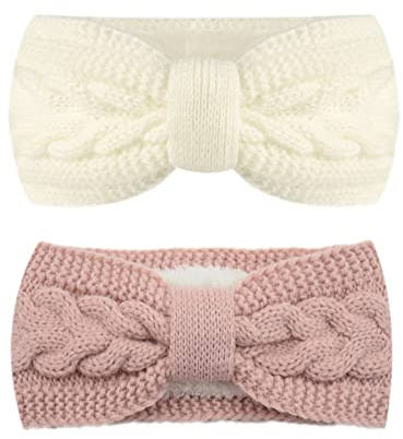 2 pcs Bandeaux Pour Cheveux Femme,Bandeau Femme Hiver Serre,Bandeau Oreille Femme Avec doublure en peluche,Bandeaux Élastiques Turban Wraps Hiver Cache-Oreilles,pour Sport Fitness Course(Blanc+Rose)