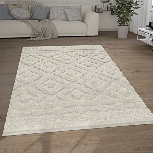 Paco Home Hochflor Teppich Wohnzimmer Shaggy 3D Optik Ethno Boho Vintage Look Weich, Grösse:200x280 cm, Farbe:Creme 8