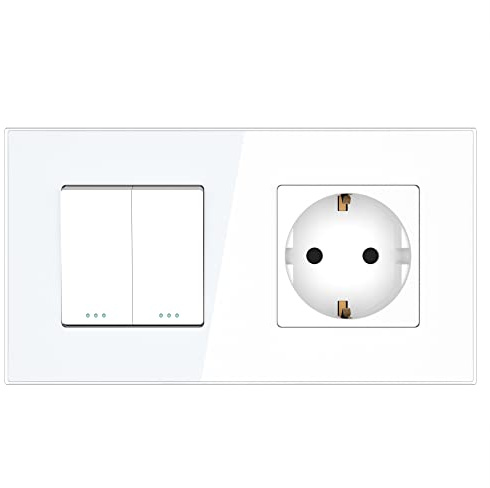 PULSAR Steckdose/Doppel Lichtschalter Unterputz Weiß Glas 2-Fach Kombi | Steckdose mit Doppel Lichtschalter Unterputz Weiß Glas 2-Fach, Serienschalter/Doppelschalter und Schuko-Steckdose 16A