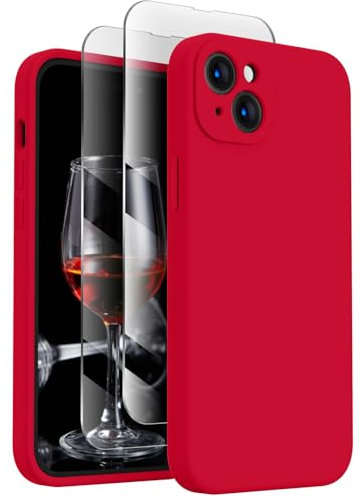 FireNova Designed for iPhone 15 Case, Silicone Upgraded [Camera Protection] Phone Case with [2 Screen Protectors], Soft Anti-Scratch Microfiber Lining Inside, 6.1 inch, Deep Red