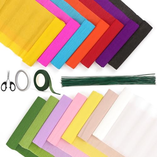 Krepppapierrollen in 14 Farben, 24 x 248 cm breit, mit 100 grünen Blumen-Eisendraht, Blumenband, doppelseitigem Klebeband und Schere für Geburtstagsfeiern, Hochzeiten, Festivals, Dekoration