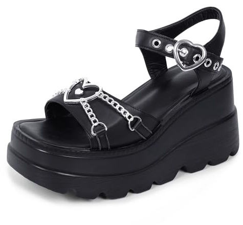 Gothniero Schwarze Plateau-Sandalen für Damen, Gothic, klobiger Keilabsatz, Sommersandalen, Mädchen, Gothic-Punk, Plateau-Sandalen für Damen, metallische Spinnen-Schnallen, Slides Größe 38-45